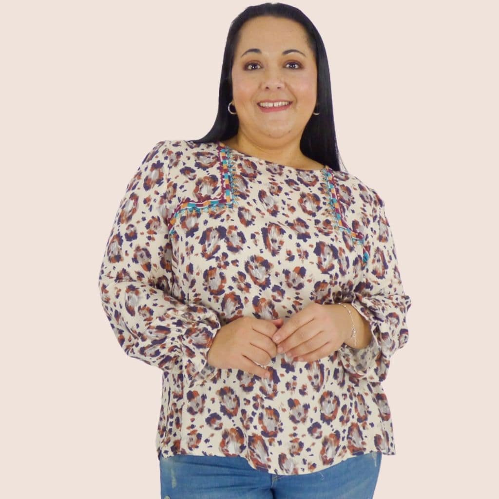 Relaxed fit long sleeve plus size blouse with beautiful embroidery detail. Bohemian Style inspired. Pair it with your favorite skinny jeans, trousers or denim skirt.