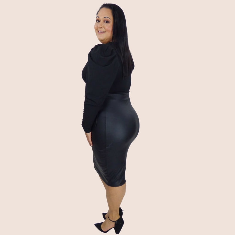 Show off your figure in this stretch leather plus size dress. The pleather bottom hugs your hips; while the stretch techno crepe top hugs your curves from bust to waist.