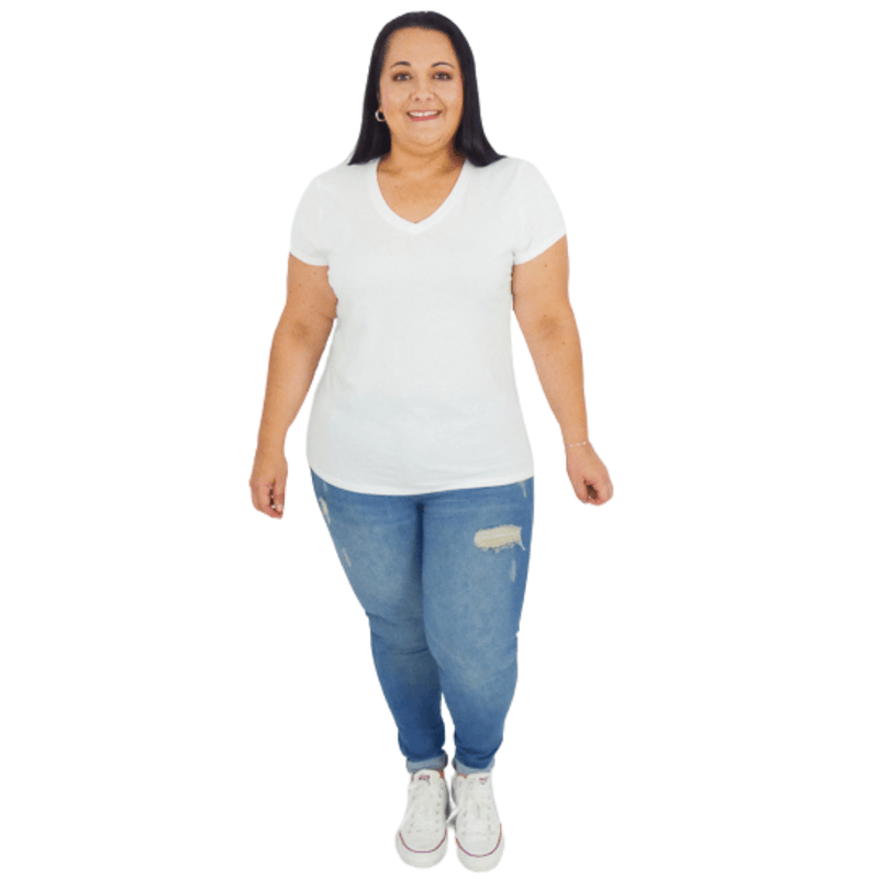 Plus Size V-Neck Lightweight Stretchy Basic Short Sleeve T-Shirt is great for layering and it creates a sleek and slimming look on any body type.