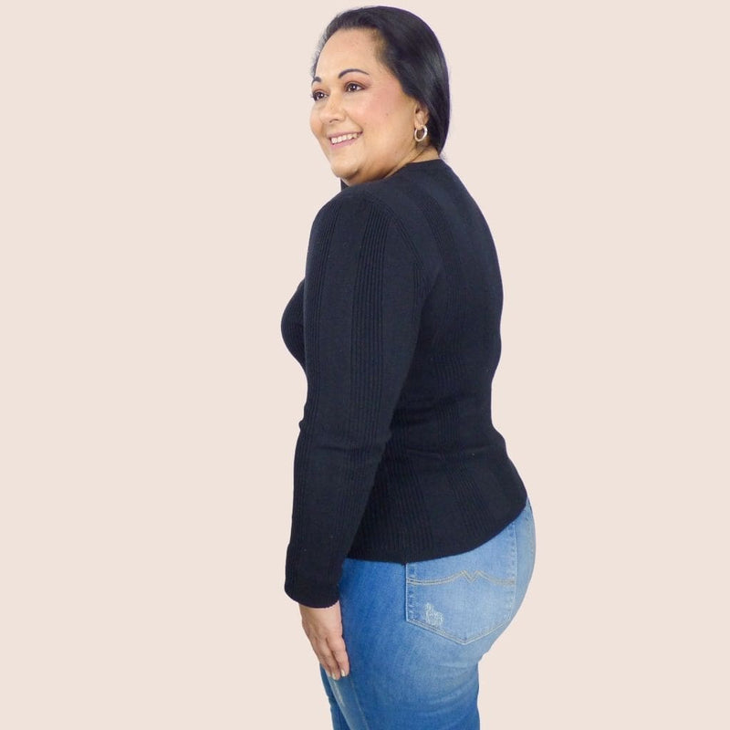 This Plus-size Ribbed Knit Long Sleeve Sweater will keep you warm and cozy under any coat. The ribbed neckline and high stretch give it a more sophisticated look.