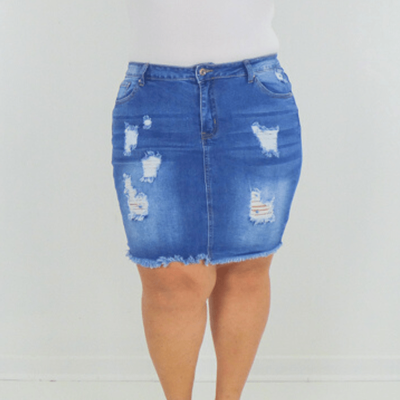 This distressed denim mini skirt is a must-have summer staple. Its a medium was and the mid rise and high stretch keep it comfortable all day long.