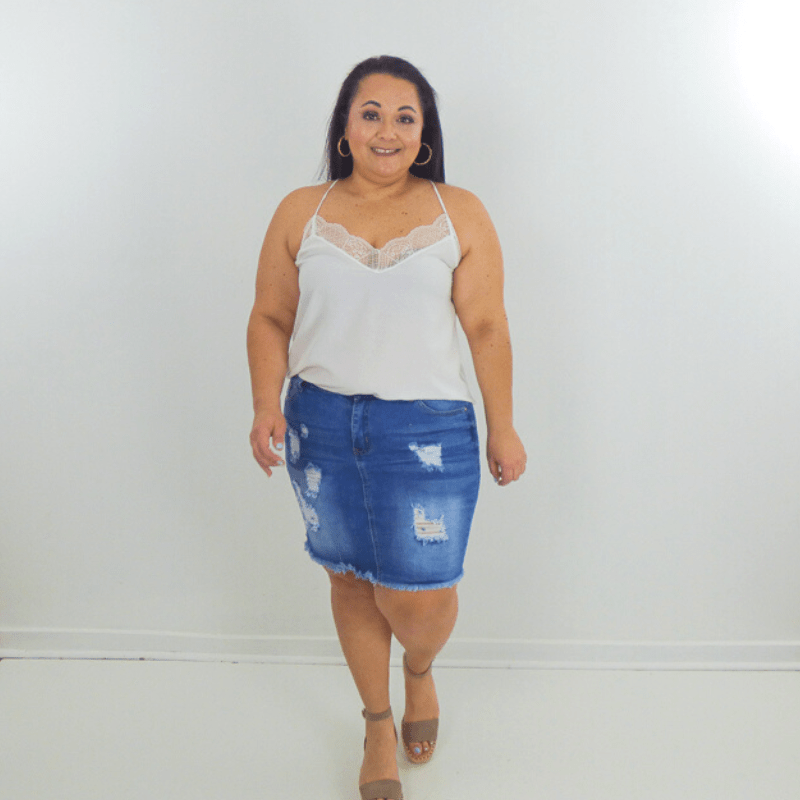 【REST&RECREATION】DENIM MINI SKIRT 2色 Plus Size Mid-Rise Distressed Medium Wash Denim Mini Skirt