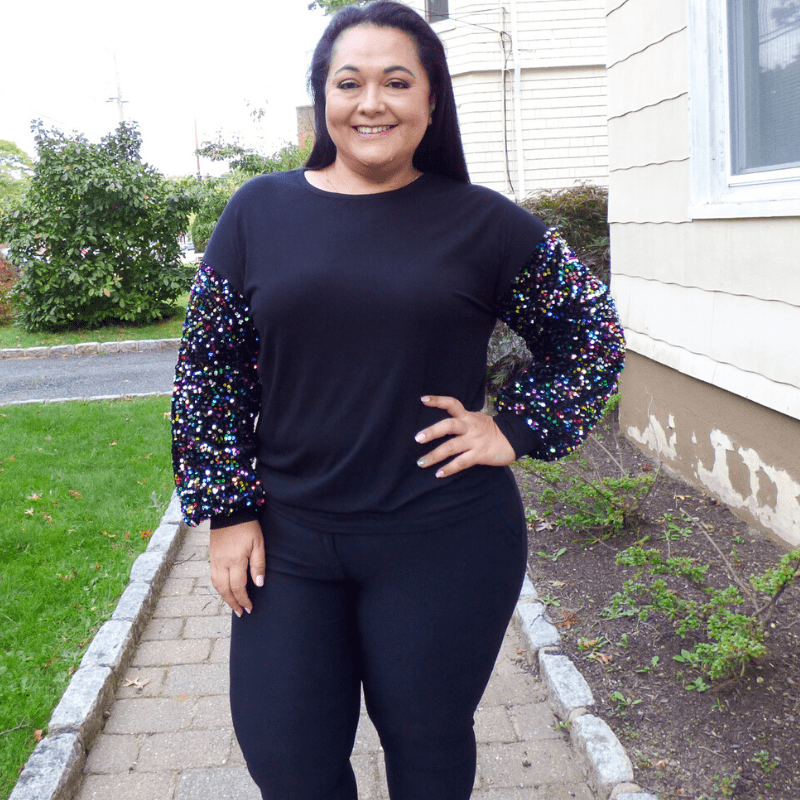 This fun Sequin Sleeves Plus Size Top features long balloon super sparkly sleeves! is just what you are needing in your closet, perfect for parties and get togethers