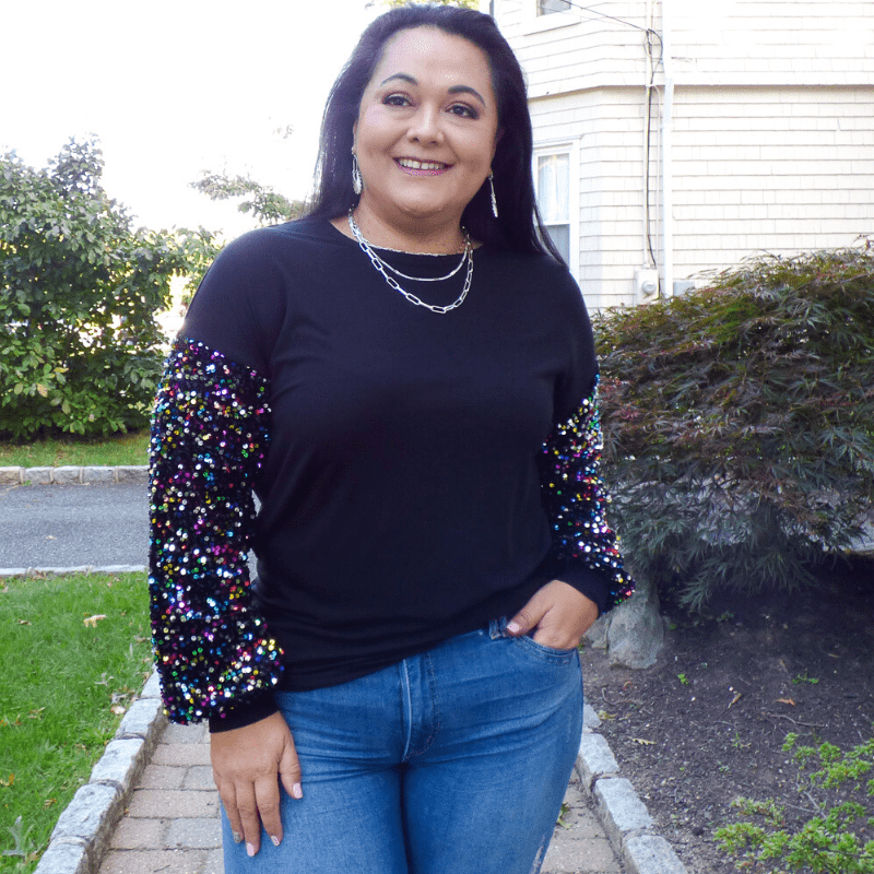 This fun Sequin Sleeves Plus Size Top features long balloon super sparkly sleeves! is just what you are needing in your closet, perfect for parties and get togethers