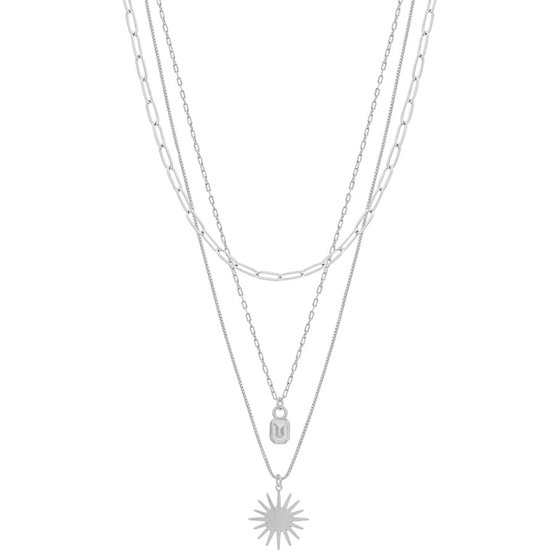 This sparkling Silver Starburst and Crystal Triple Layered 16"-18" Necklace is the perfect accessory to add to your outfit.