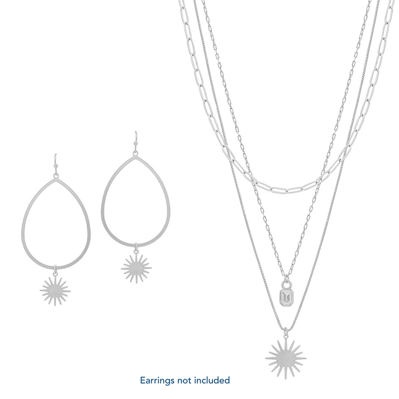 This sparkling Silver Starburst and Crystal Triple Layered 16"-18" Necklace is the perfect accessory to add to your outfit.