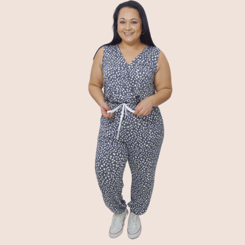 This stretchy, printed pant plus size jumpsuit features surplice V neckline and draw string waist band make it super comfortable to lounge around the house.
