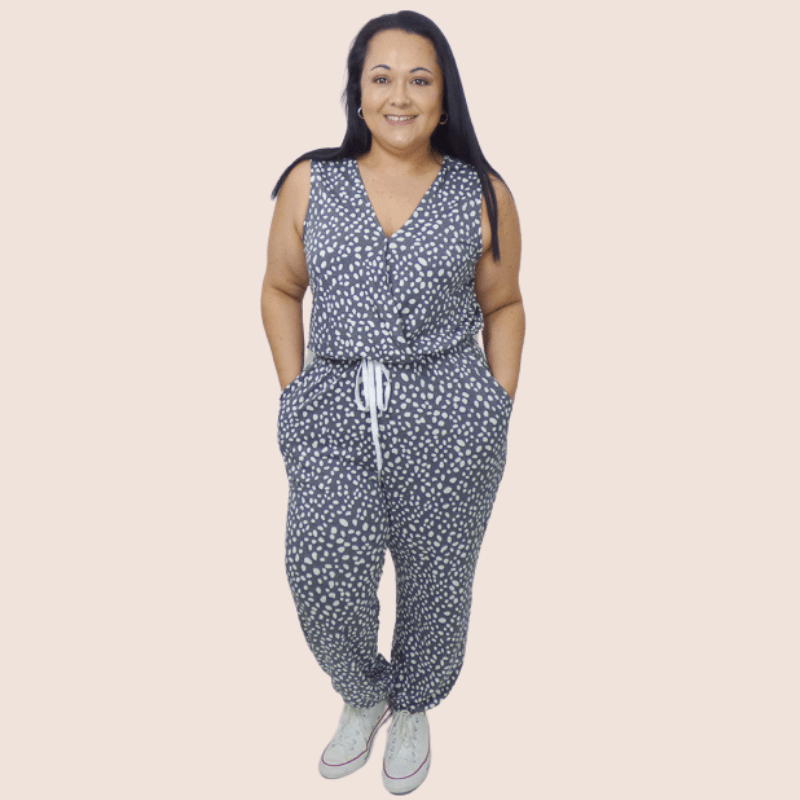 This stretchy, printed pant plus size jumpsuit features surplice V neckline and draw string waist band make it super comfortable to lounge around the house.
