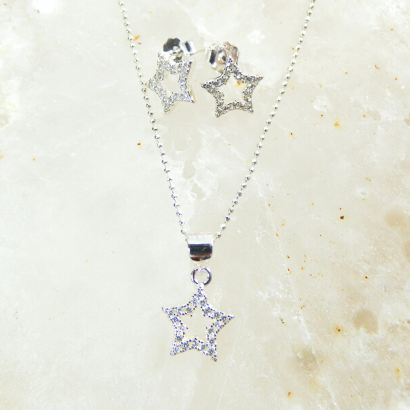 This charming sterling silver star necklace and earrings set features sleek and stylish design, with the beautiful sparkling cubic zirconia stones.