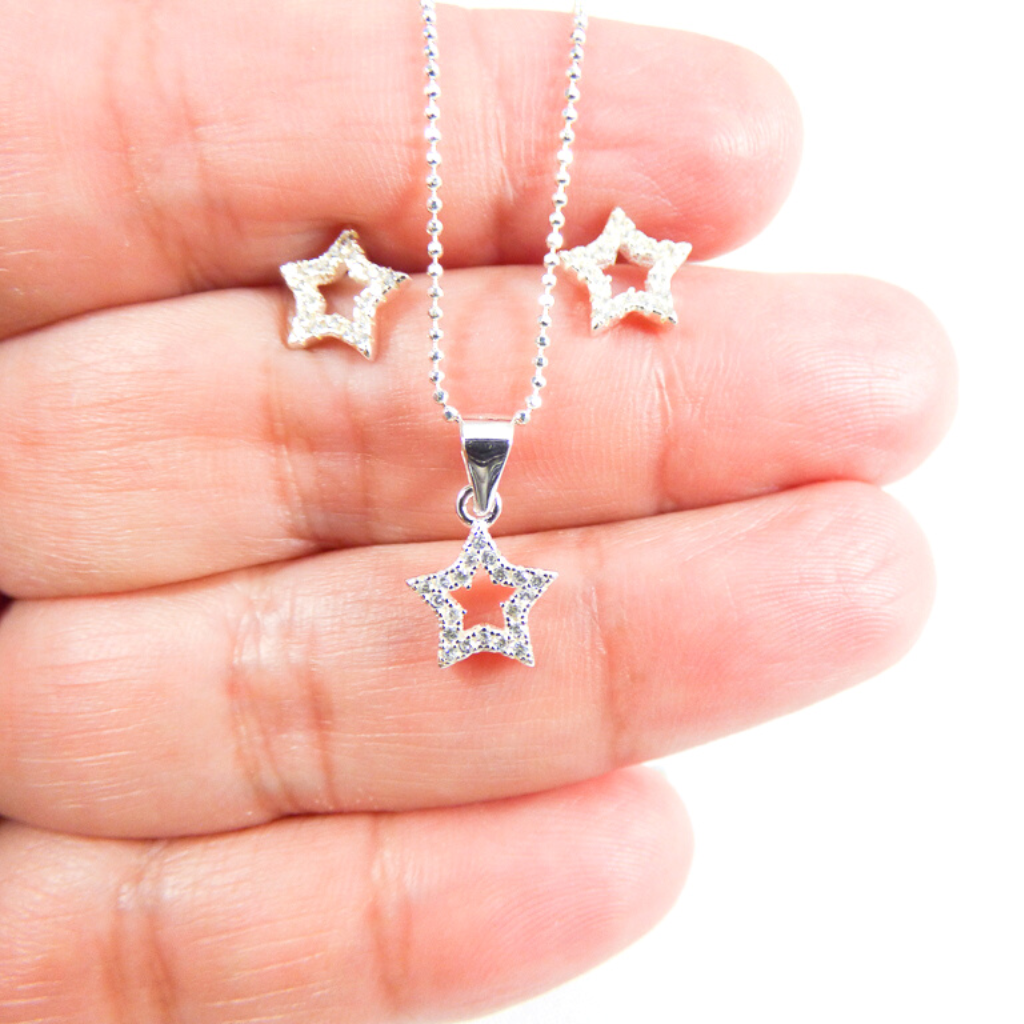 This charming sterling silver star necklace and earrings set features sleek and stylish design, with the beautiful sparkling cubic zirconia stones.