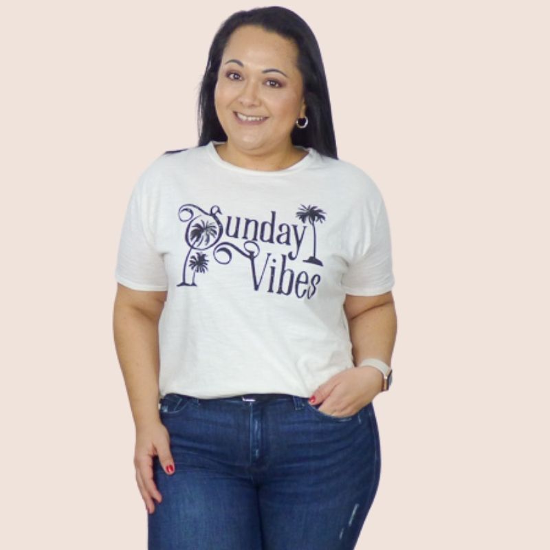 Our "Sunday Vibes" Graphic Plus Size Short Sleeve Tee Shirt offers a flattering crew neckline, and a relaxed fit ensures that it's comfortable for all day wear.