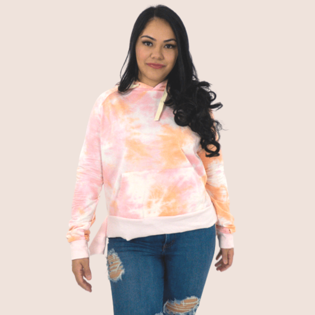 This Tie Dye Hoodie is perfect for everyday wear. Featuring front pockets, ribbed details on the side and thumbholes on the wrist. Wear it with leggings or jeans to complete the look.
