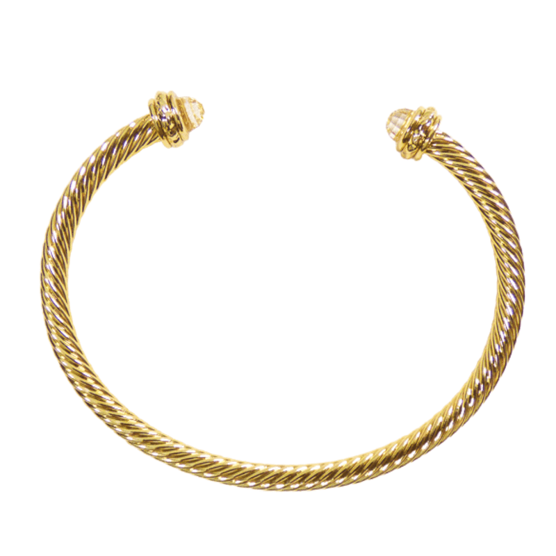 Fashion Jewelry Twist Bangle Bracelet with White Stone Accent in Gold Color.